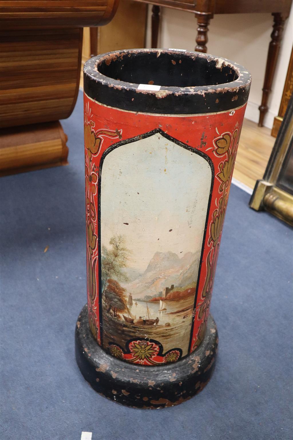 A Victorian earthenware pipe now as a stickstand, painted with landscapes and cock fighting scenes, height 67cm